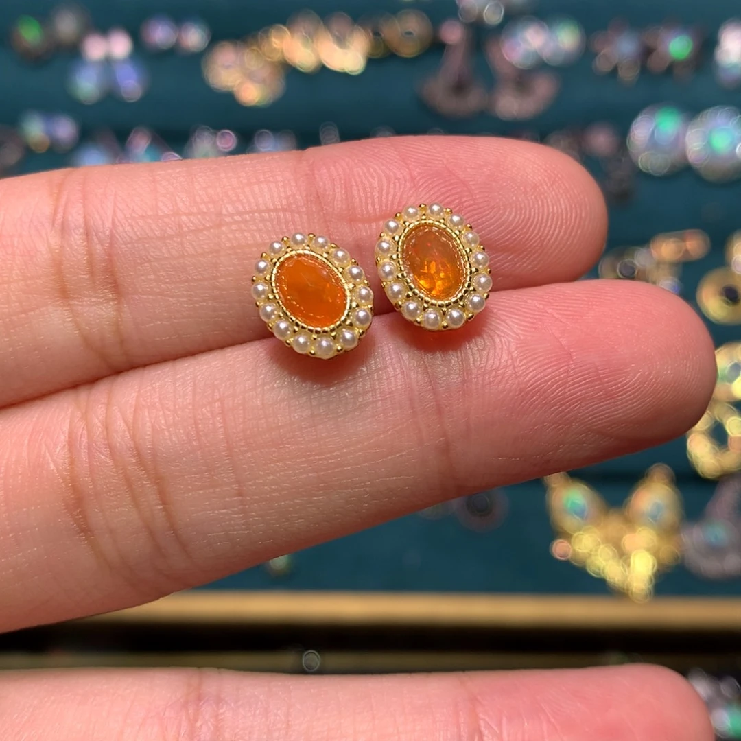 银S925镀金镶嵌欧泊耳钉