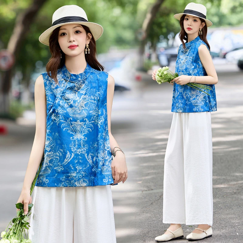 新中式国风洋气爆款2025新款印花无袖背心上衣休闲阔腿裤两件套