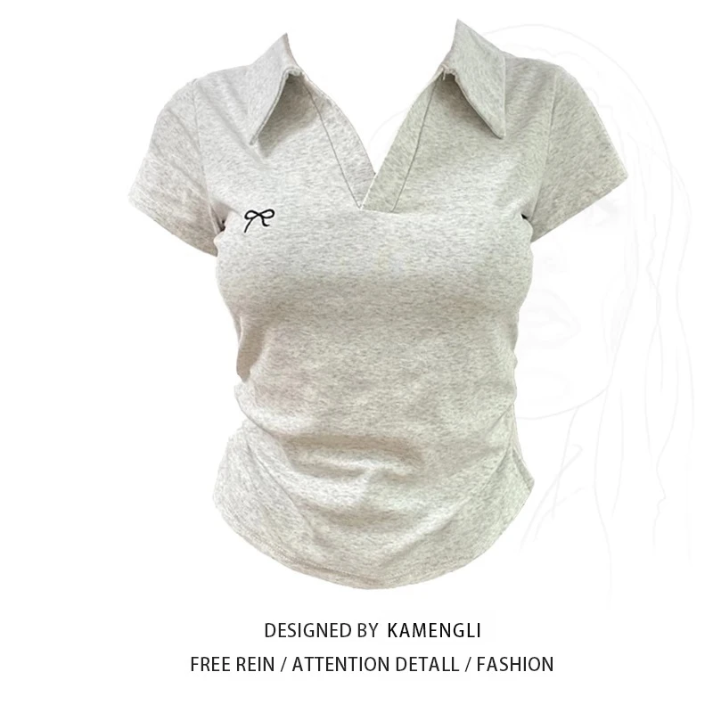 大码胖mm刺绣修身正肩POLO领短袖t恤女夏季新款显瘦百搭美式上衣