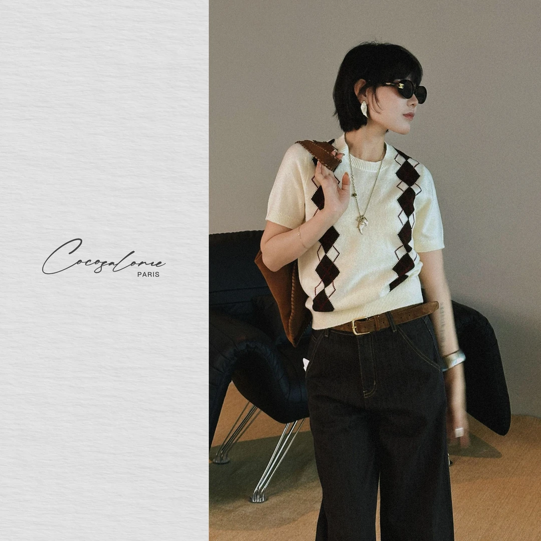 韩彬彬"小菱花"美利奴羊毛菱格学院风优雅针织时髦短袖T恤2309-2