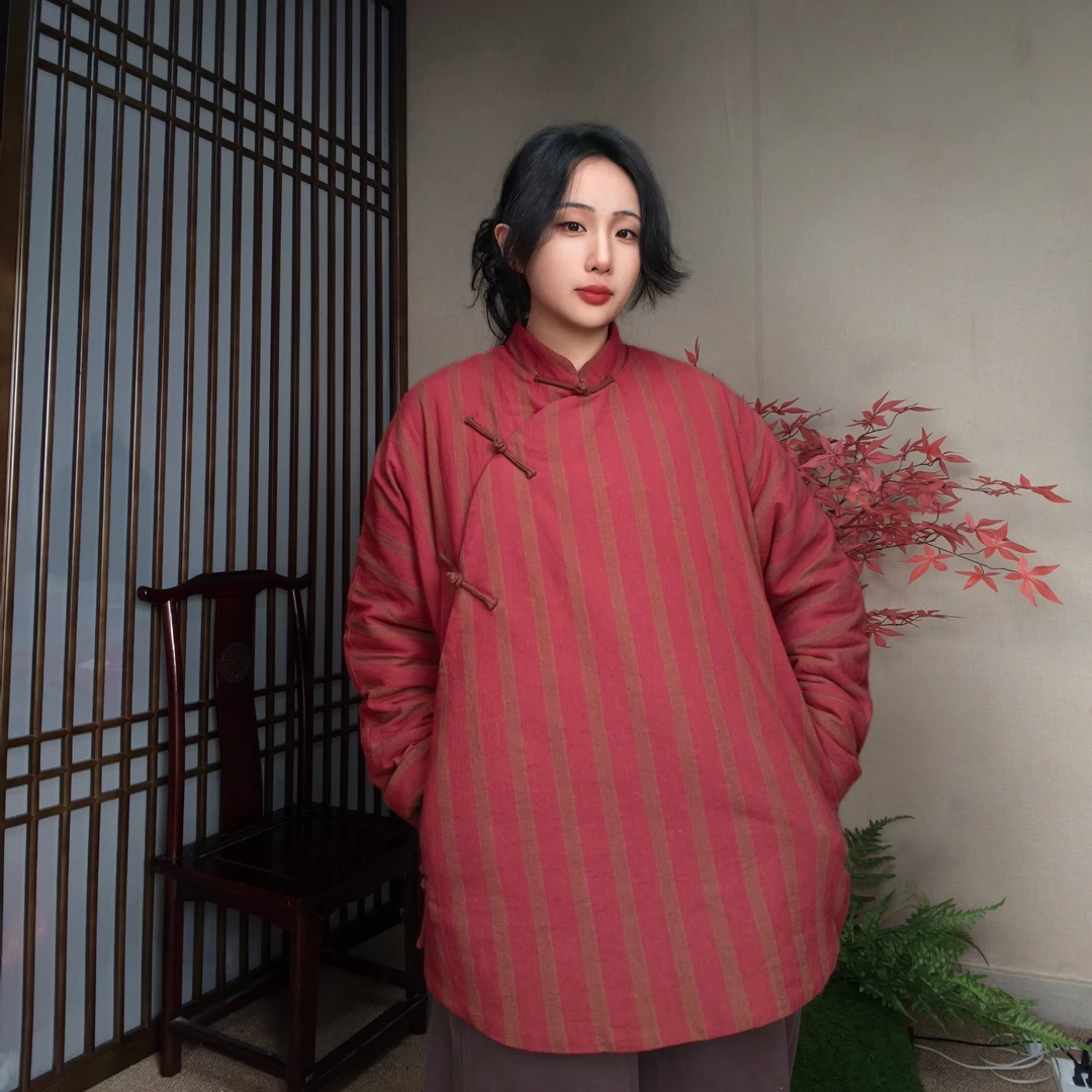 【经典古巷】秋冬复古斜襟盘扣纯棉提花色织国风保暖中长款女式棉服