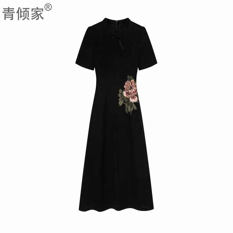 青倾家【牡丹花语】大码微胖mm复古夏中式国风刺绣修身改良旗袍黑色