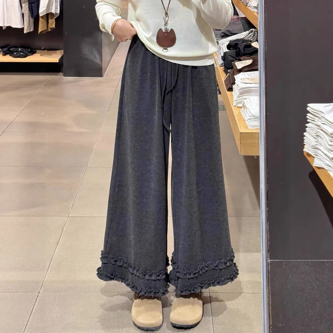 花边阔腿裤女春秋季外穿糯米九分裤小个子直筒休闲裤秋2608