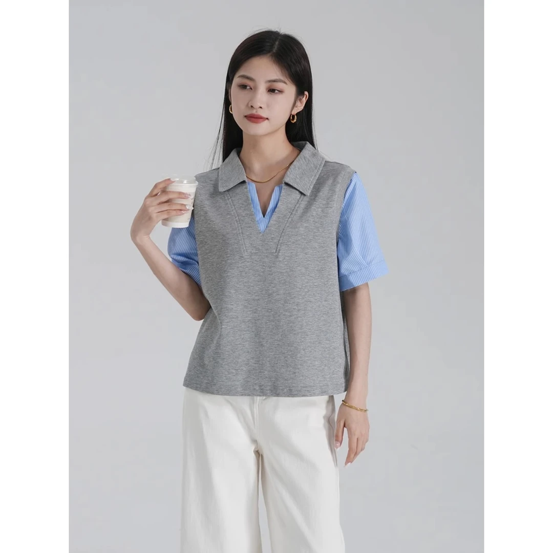 POLO领假两件短袖女t恤2025年新款夏牛仔裤拼接内搭打底宽松上衣