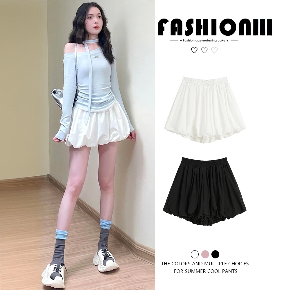 白色花苞裙女夏季2025新款高腰宽松小个子防走光薄款A字半身裙子