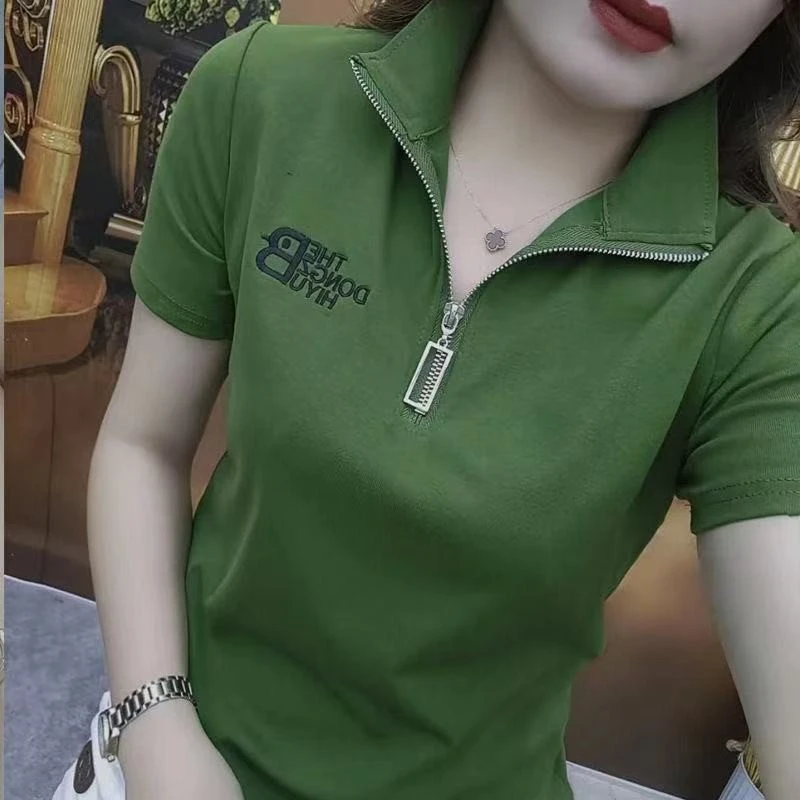 t恤休闲ol翻领短袖立领韩版拉链显瘦潮流刺绣女夏季T恤气质百搭
