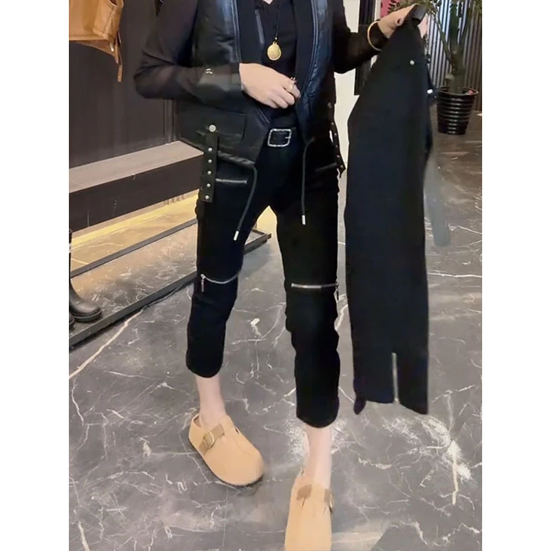 新款2025秋季女款重工双拉链显瘦设计八分牛仔裤女百搭窄版烟管裤