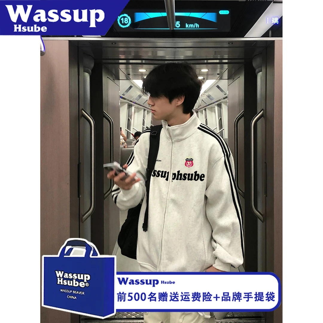 WASSUP HSUBE宽松潮流三条杠印花艺术字母拉链长袖秋冬情侣上衣