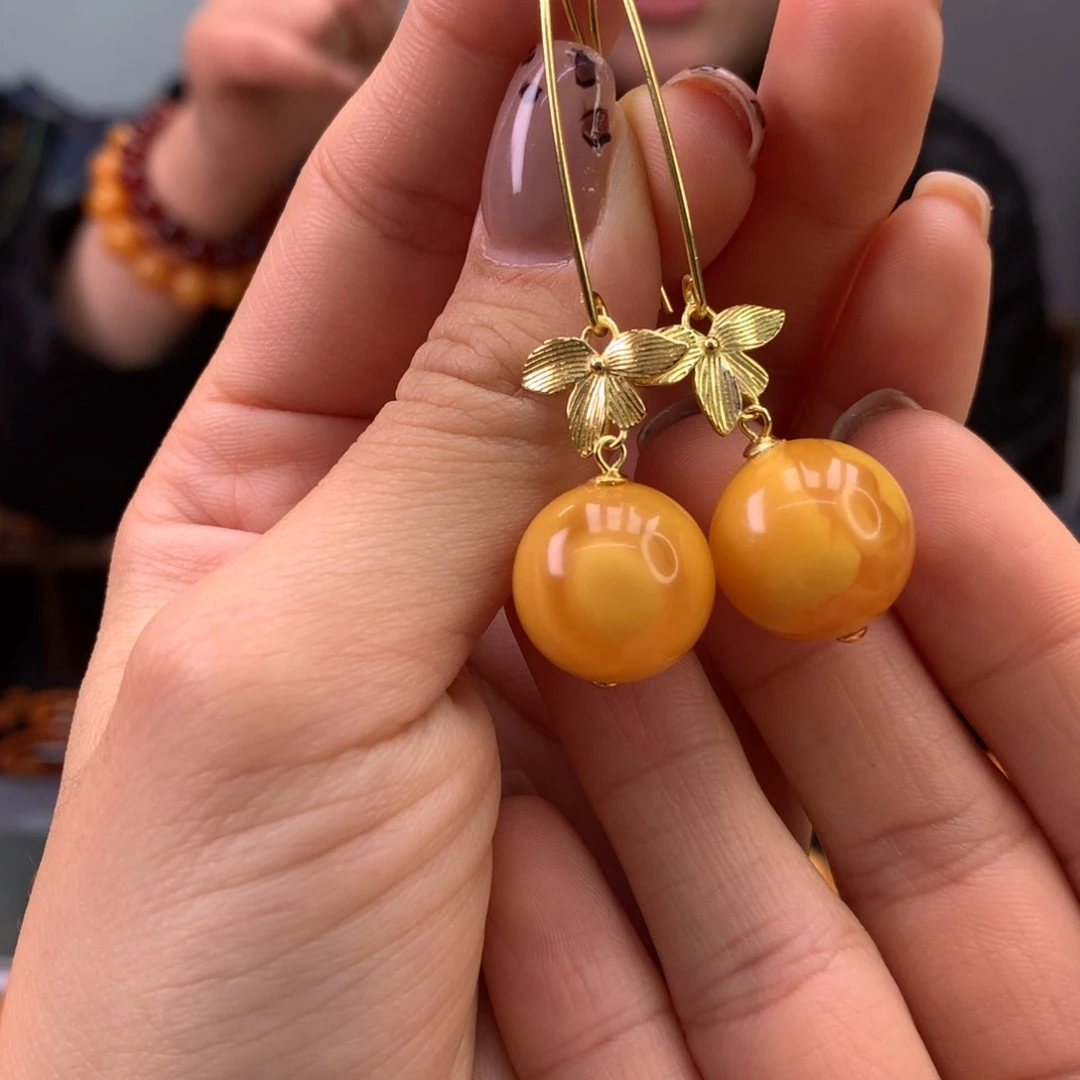 蜜蜡耳饰银S925镶嵌天然