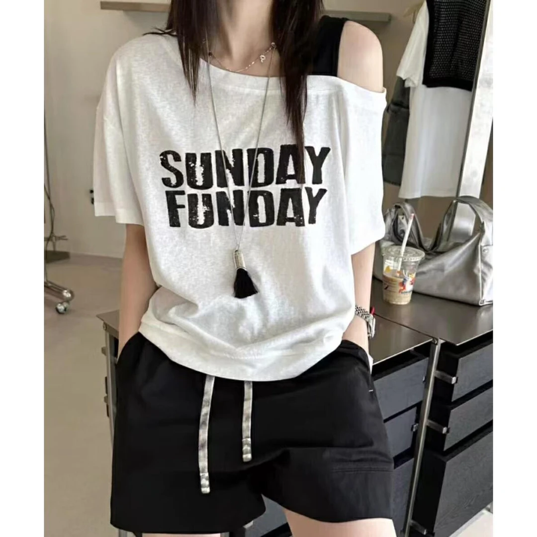 E念2913字母印花斜肩吊带短袖T恤女2025夏季新宽松时尚百搭上衣潮