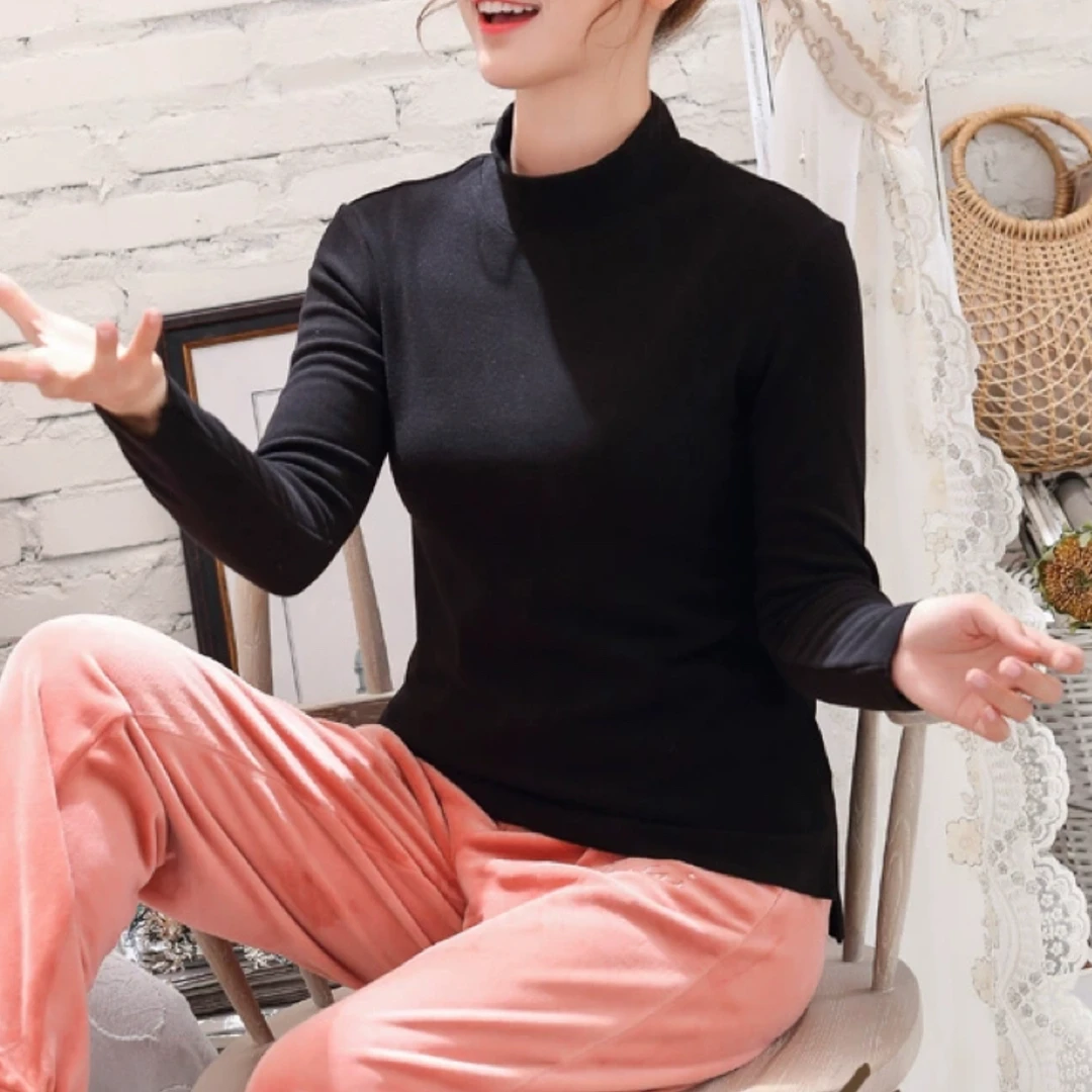 【岳姐姐】女士蚕丝倍暖中领单衫内搭打底上衣1767