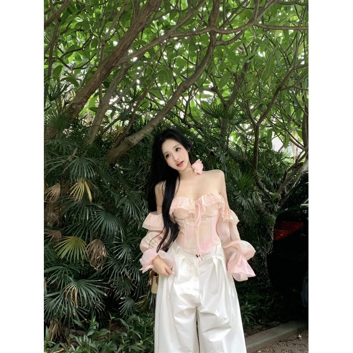 夏季纯欲辣妹风一字肩荷叶边鱼骨胸衣抹胸背心女雪纺修身绝美上衣