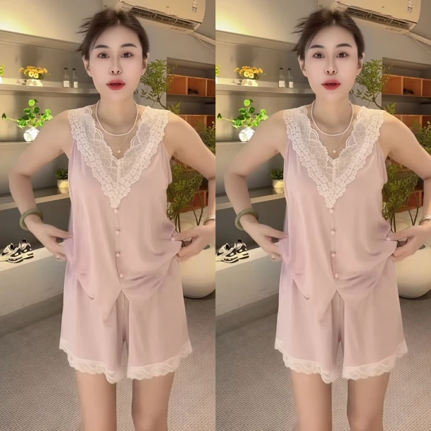 夏季薄款莫代尔舒适亲肤大码遮肉蕾丝吊带短裤睡衣套装女士家居服