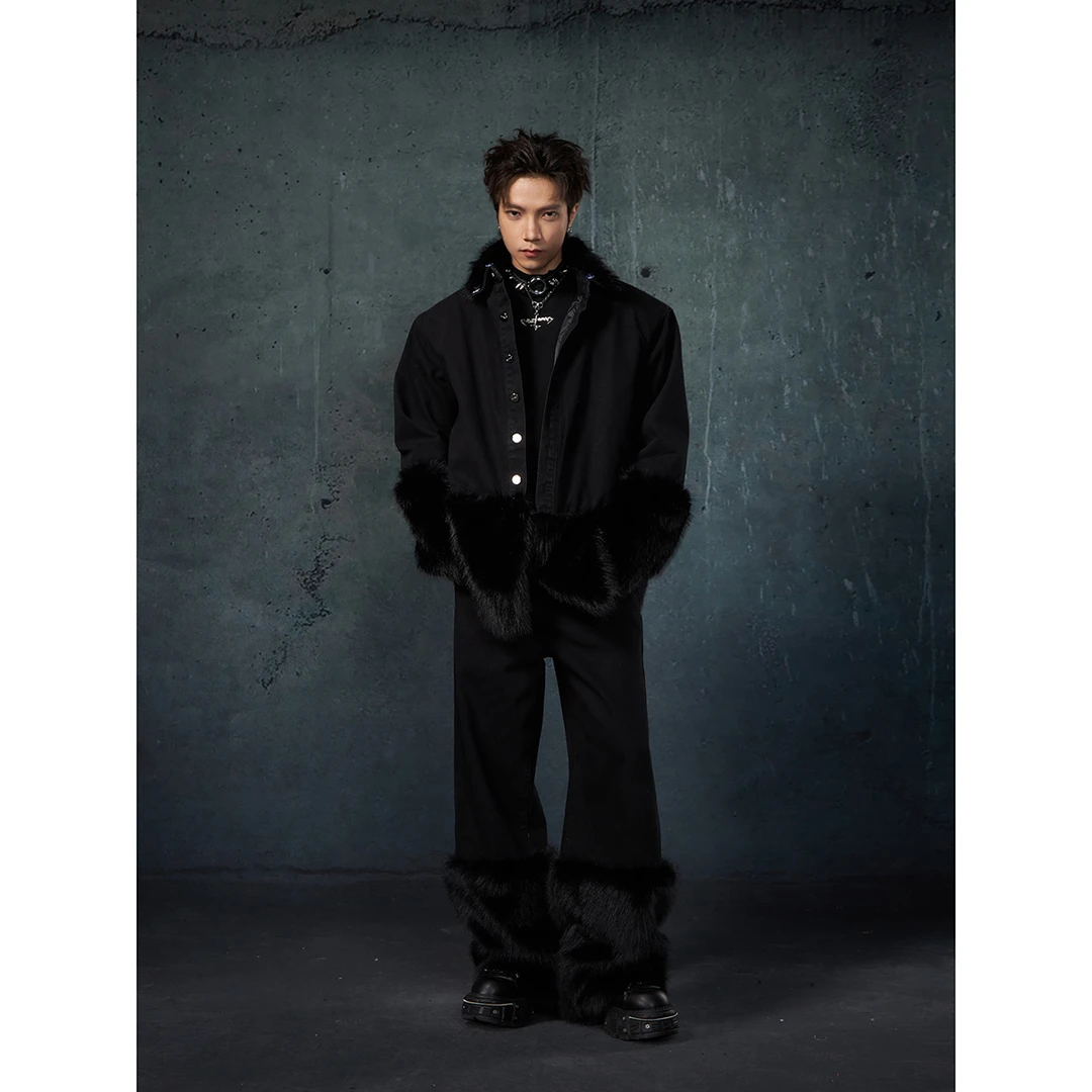 原创毛毛拼接可拆卸领夹棉牛仔外套宽松直筒牛仔裤套装