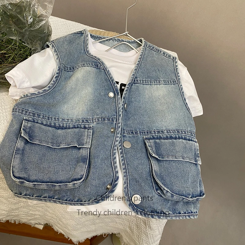 夏季儿童马甲短袖中裤三件套童装中性男女童牛仔马甲套装百搭坎肩