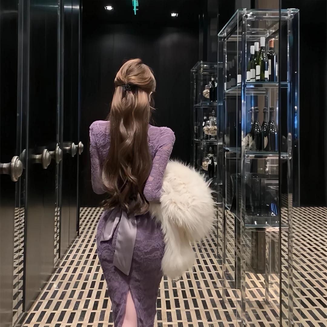 紫色V领蕾丝连衣裙长袖修身收腰显瘦轻熟风包臀中长款裙子