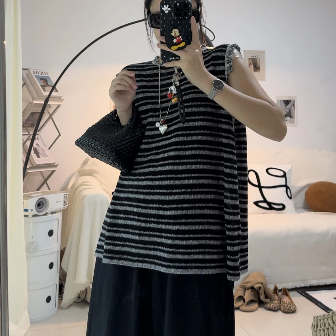 2025夏季新款韩版宽松高级设计感条纹无袖背心上衣