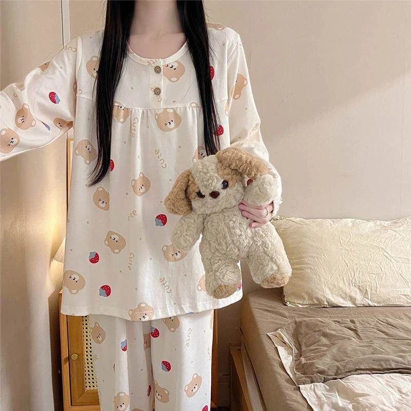 2024年春秋季睡衣女士新款长袖长裤开扣圆领两件套卡通少女家居