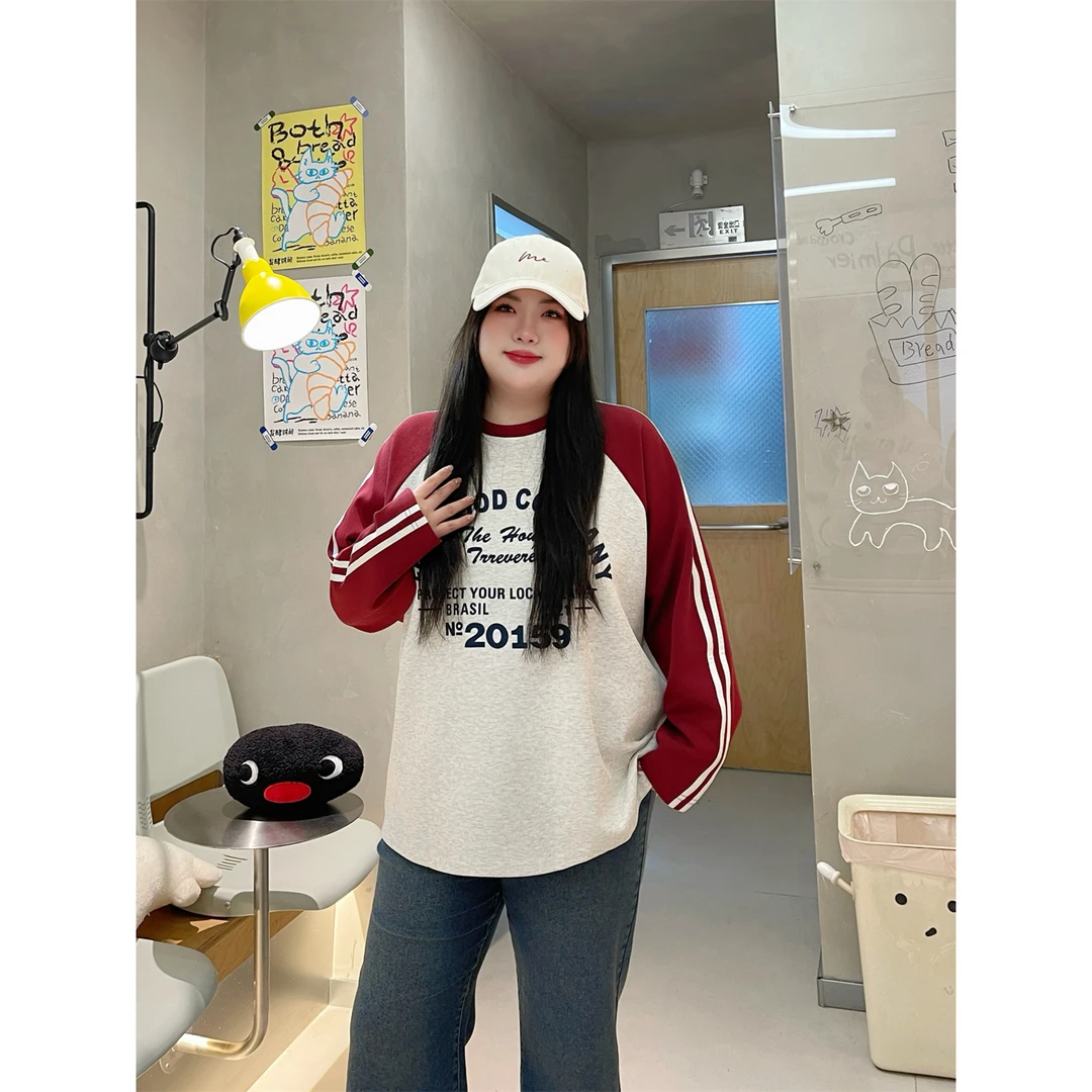 左岸午后 / 美式复古印花撞色长袖T 6652花契200斤胖mm简约洋气