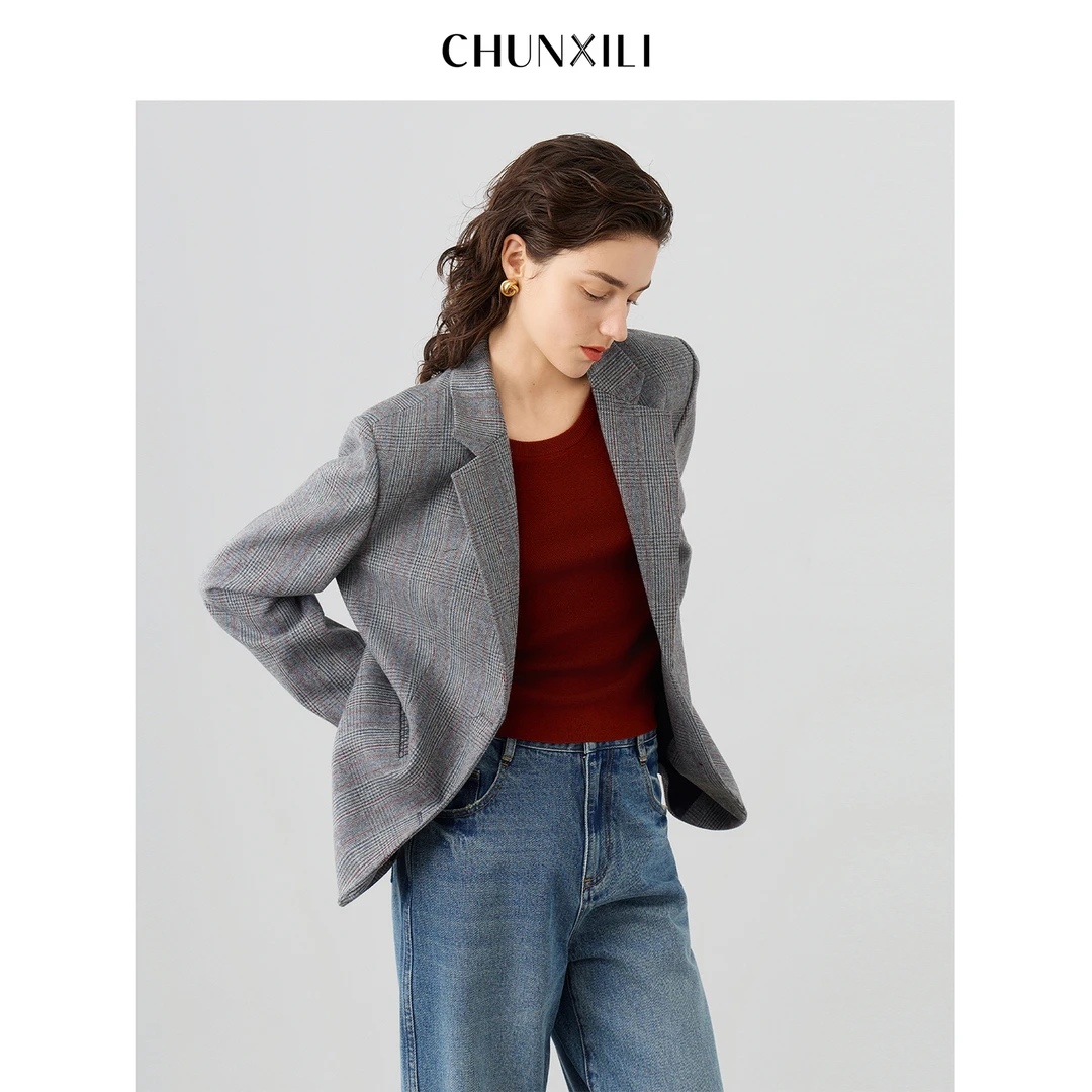 温莎公爵CHUNXILI/春熙里 秋季时尚格纹西装中长款外套D04W53038