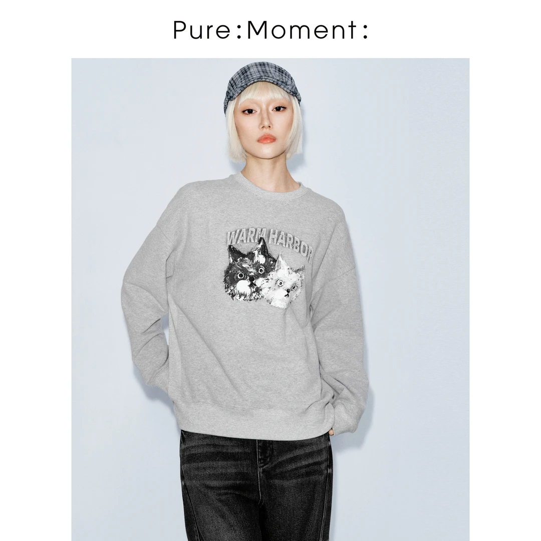 毛毛怪系列小麦檬Pure:Moment:秋冬圆领猫咪休闲卫衣4FA203701