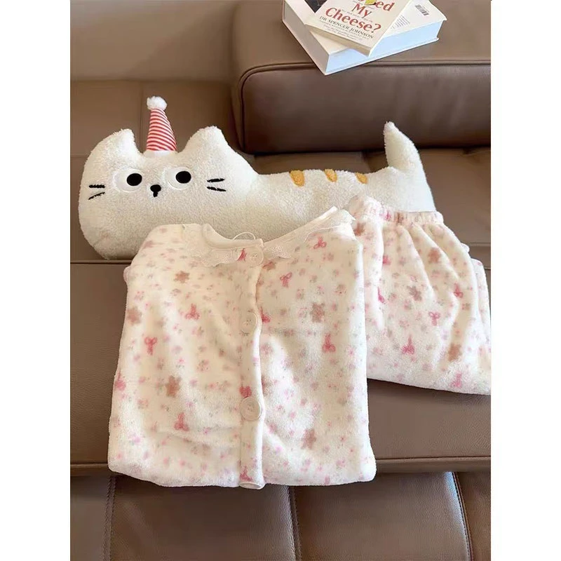 韩系ins碎花小熊法兰绒睡衣少女秋冬季加绒加厚可外穿甜美家居服