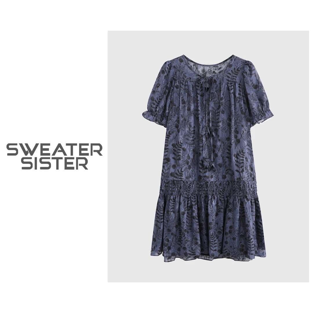 法式复古V领碎花中长款雪纺连衣裙女528-2535