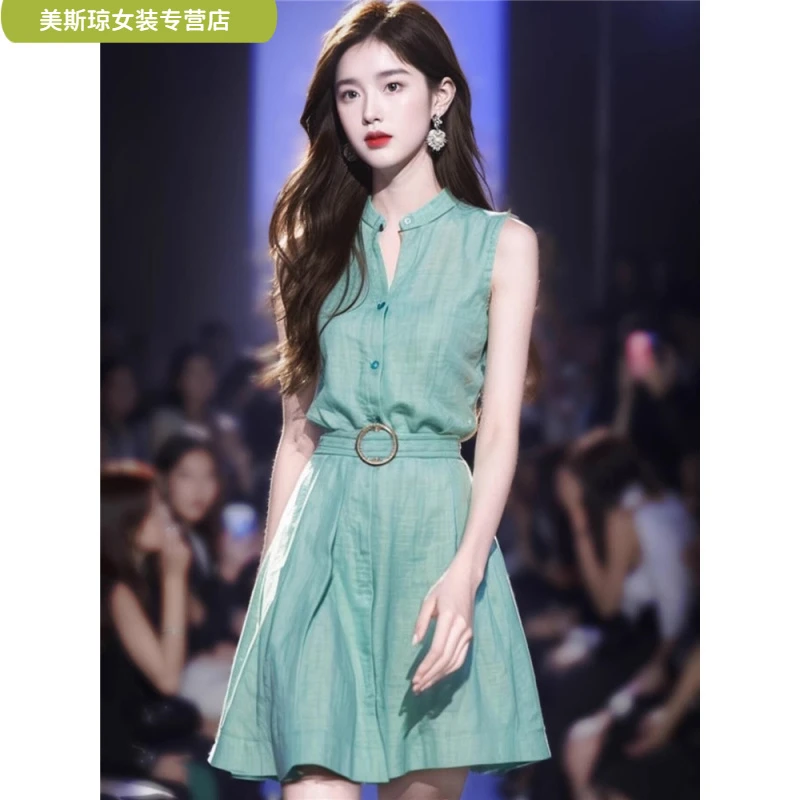 ll2025法式衬衫连衣裙夏季气质收腰温柔风质立领无袖连衣裙女ll
