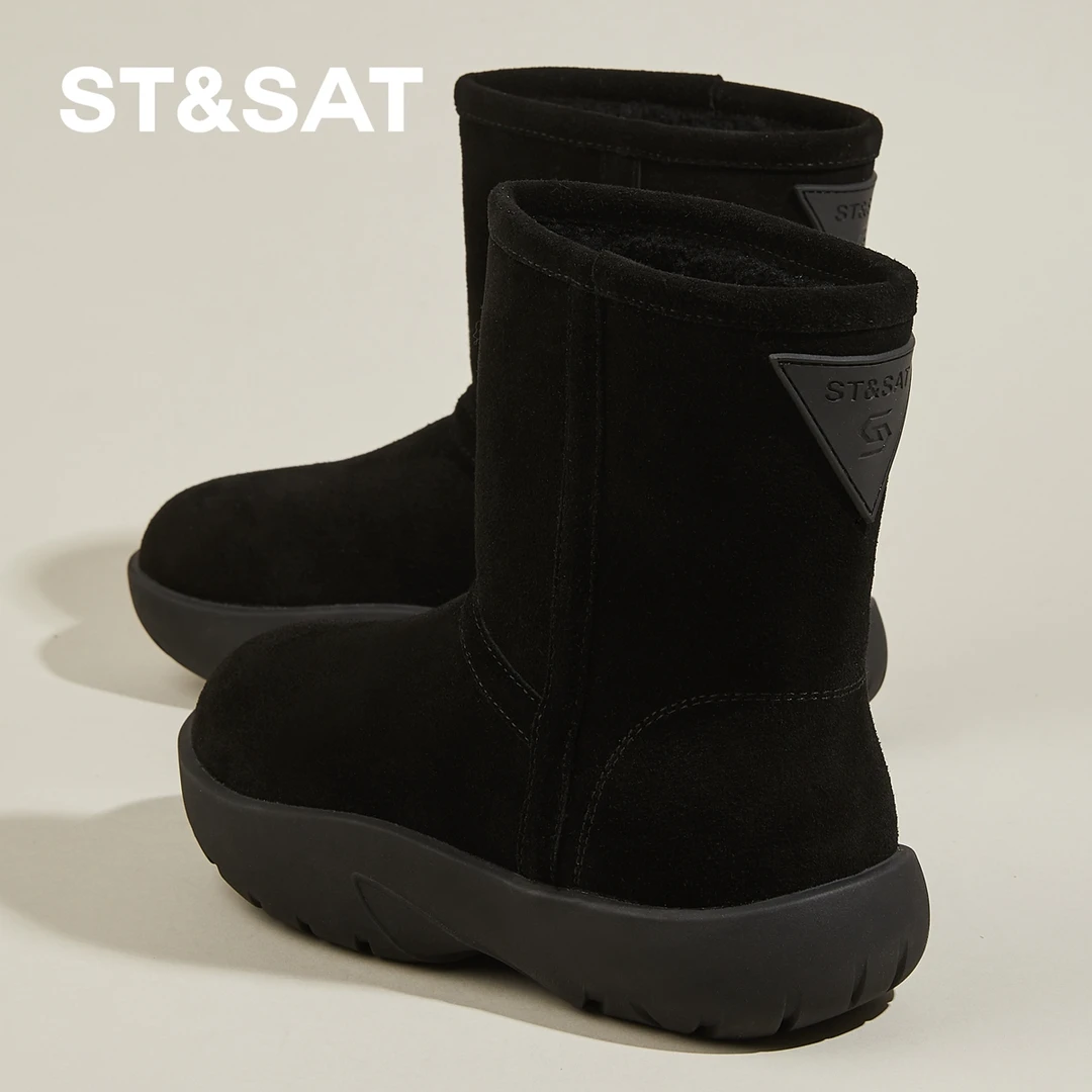 星期六反绒皮时尚黑色雪地靴女厚底加绒棉鞋冬季保暖羊羔毛高帮鞋