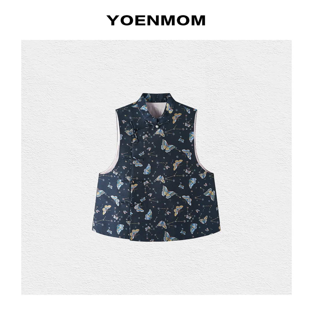 YOENMOM·灵舞蝴蝶·100桑蚕丝六重纬宋锦足银扣国风琵琶襟立领马甲