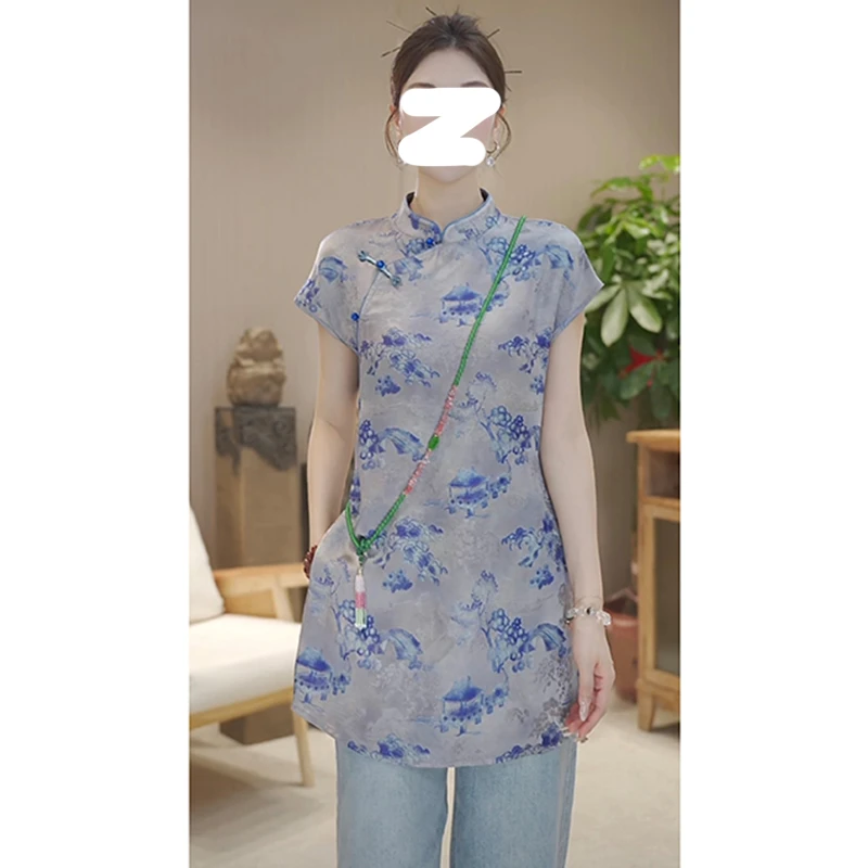 国风改良旗袍短袖衬衫女夏季2025年新款新中式提花中长款气质上衣