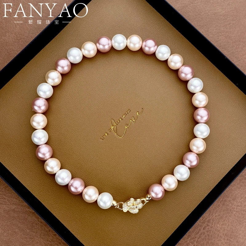 铜合金仿珍珠项链 0526  白黄粉卡14项链奢华精致花朵扣 约44CM