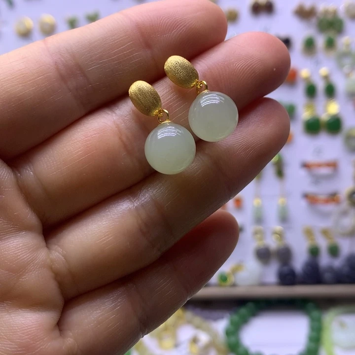 和田玉银S925镶嵌耳饰