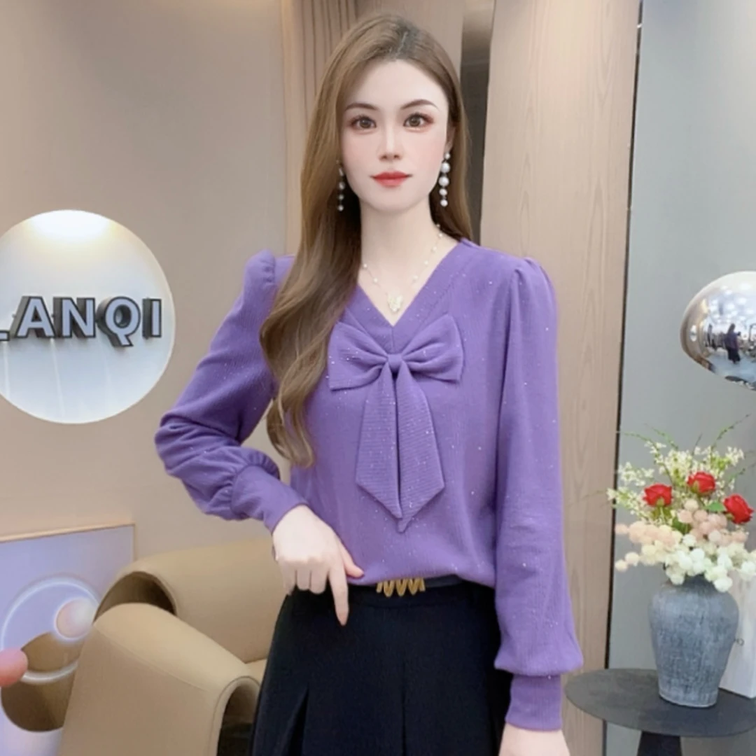 A7637法式长袖女秋季新款T恤洋气显瘦甜美蝴蝶结减龄打底衫