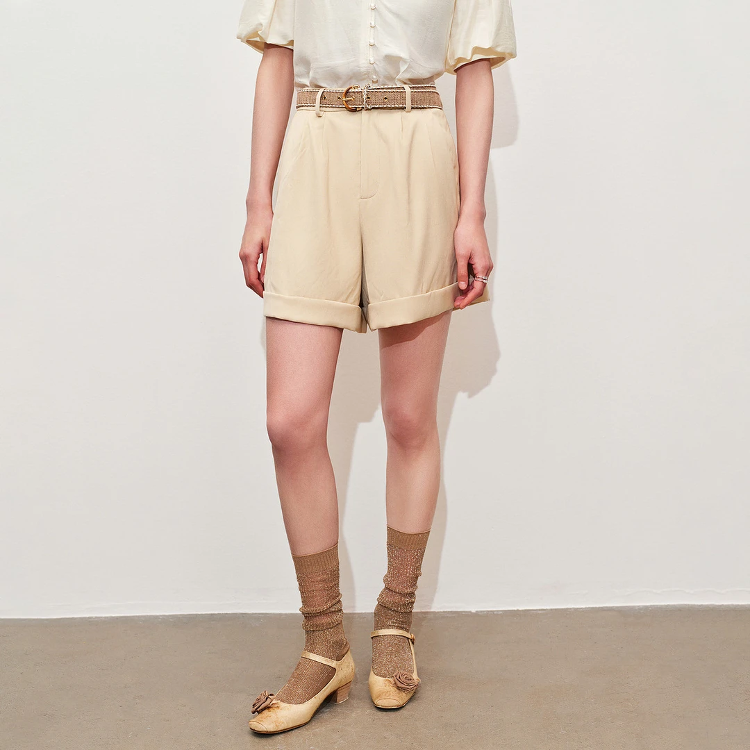 MAXRIENY精致日常风拉菲编腰带短裤夏季高级气质感女装