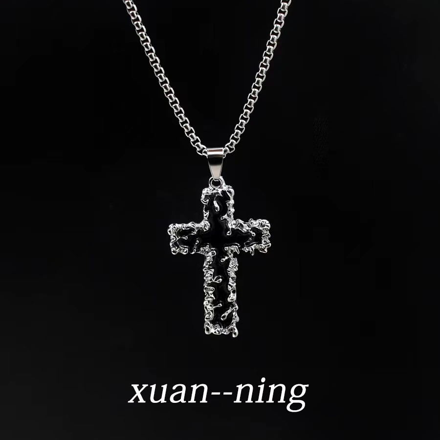 钛钢项链 小众荆棘十字架项链男黑色高级感古巴链街头朋克情侣ins