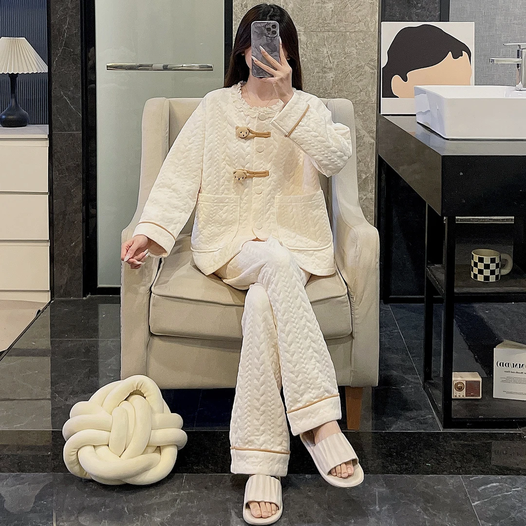 睡衣女春秋季2025新款长袖夹层大码加厚小熊套装冬天家居服