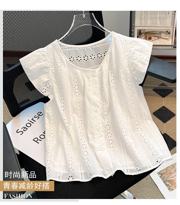 法式刺绣小飞袖衬衫女夏季2025新款洋气减龄别致漂亮小衫上衣