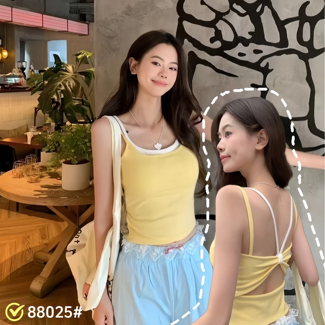 鹅黄色假两件美背蝴蝶结镂空辣妹吊带背心女一体带胸垫内搭外穿L