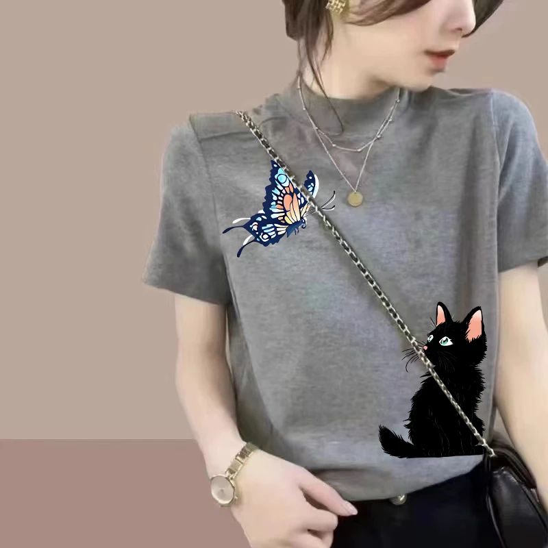 韩版正肩2025新款纯棉半高领宽松短袖t恤女修身显瘦洋气衣服女