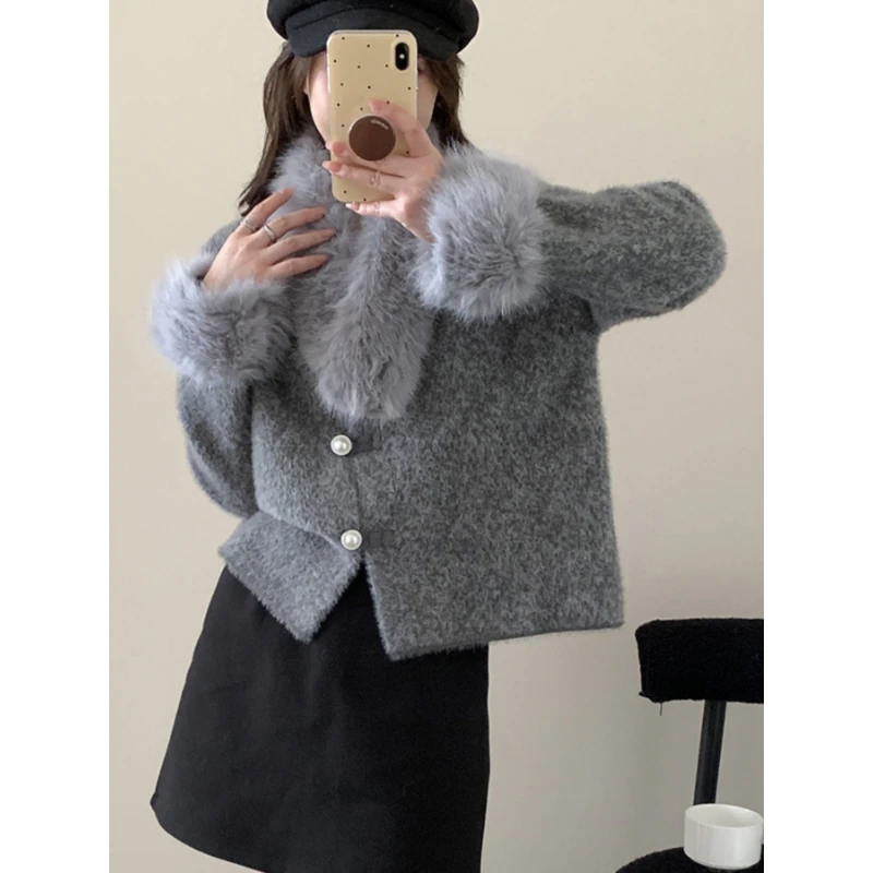 法式小香风灰色小个子外套女装秋季2025年新款复古毛领可拆上衣潮