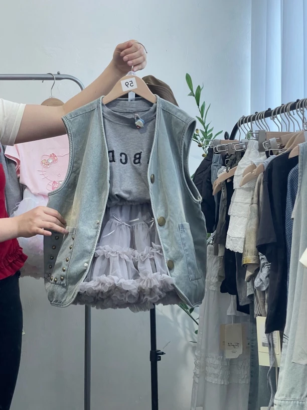 女童重工铆钉马甲三件套2024夏季新款洋气时髦中大童小女孩童套装