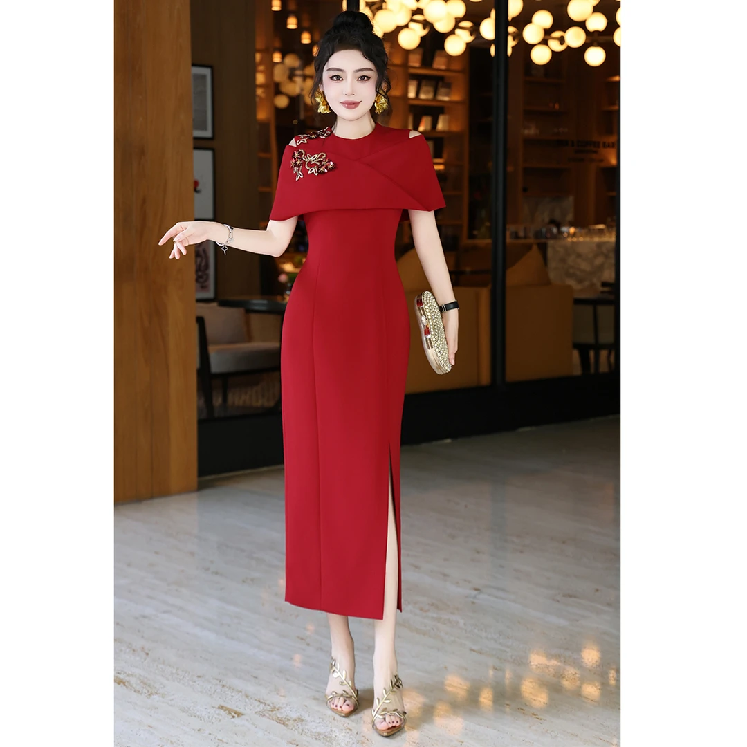 抖衣重工订珠绣花优雅显瘦高档婚礼喜妈妈婚庆喜婆婆红色连衣裙礼