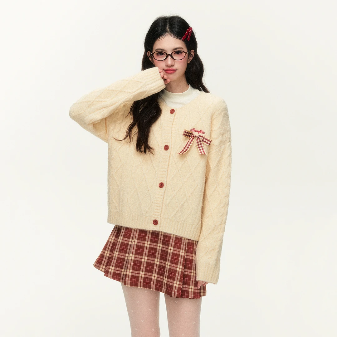 NTOT原创秋季绞花复古撞色蝴蝶结毛衣开衫宽松慵懒刺绣NOTMY24413