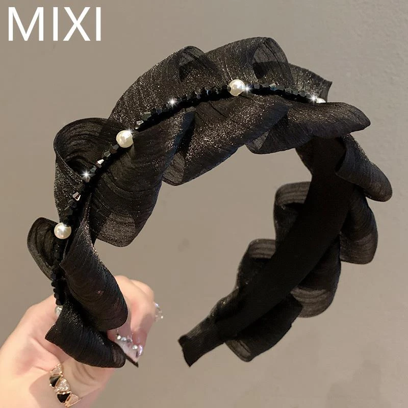 法式珍珠黑色网纱褶皱发箍气质高颅顶显脸小发饰头饰头箍发饰发卡