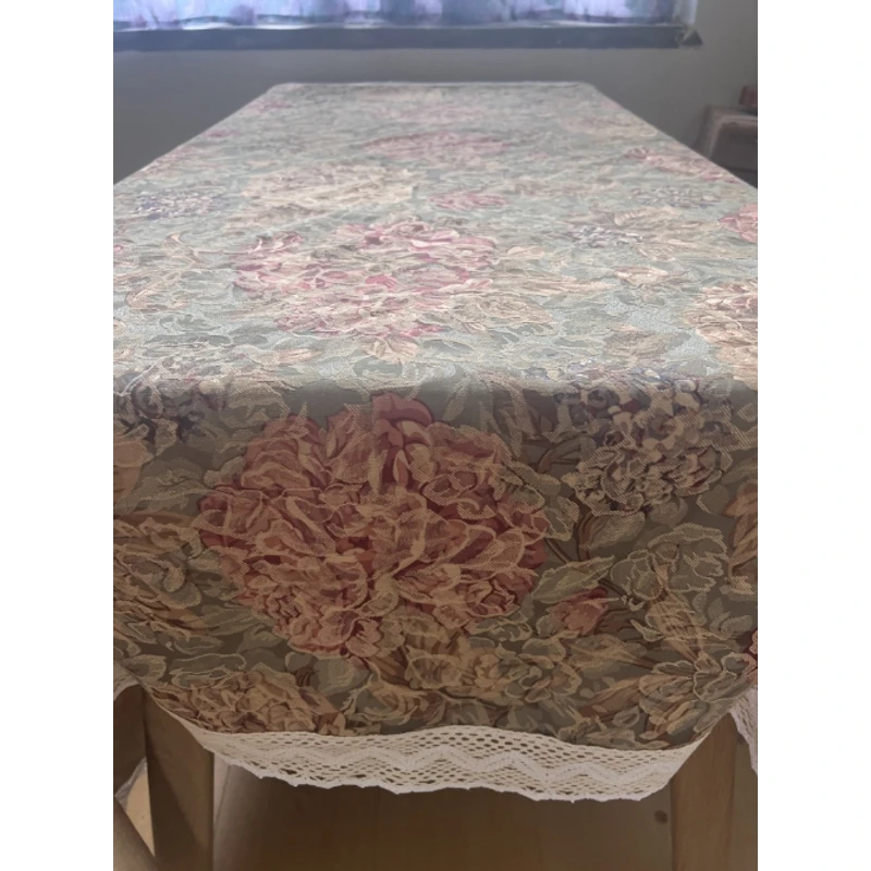ZN039-139棉麻【145*145】贡缎复古灰绿色大朵牡丹桌布茶几布