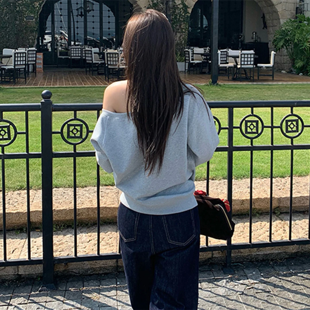 Mardi Moiety腊肠狗灰色一字领套头美式卫衣女秋冬宽松慵懒风上衣