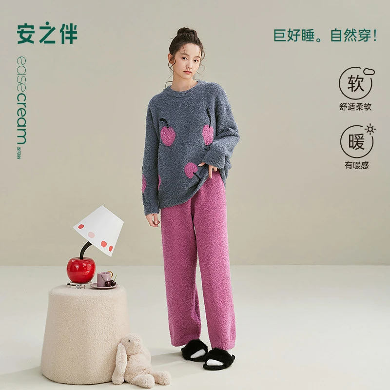 安之伴【巨保暖】半边绒秋冬季新款睡衣女加绒加厚家居服套装可外穿