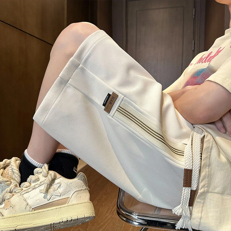 美式休闲短裤男夏季新款宽松篮球五分裤男士潮牌冰丝条纹运动裤子