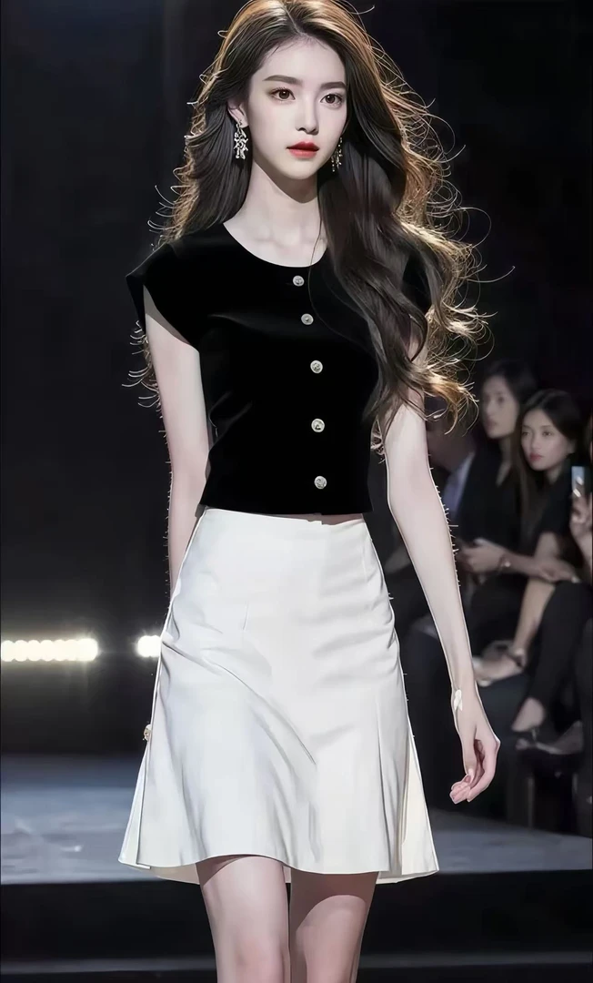 轻奢优雅高端大气黑色圆领单排扣上衣+白色包臀显瘦半身裙两件套